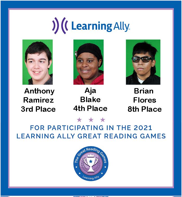The winners of the Learning Ally Reading Race:  Anthony Ramirez 3rd, Aja Blake 4th, and Brian Flores 8th