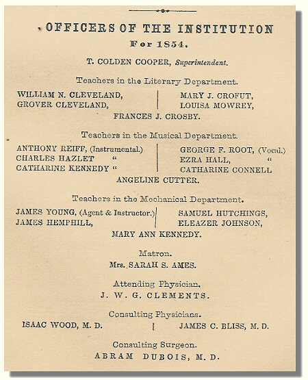 List of 1854 NYI Yearbook listing Cleveland as a Teacher in the Literary Department