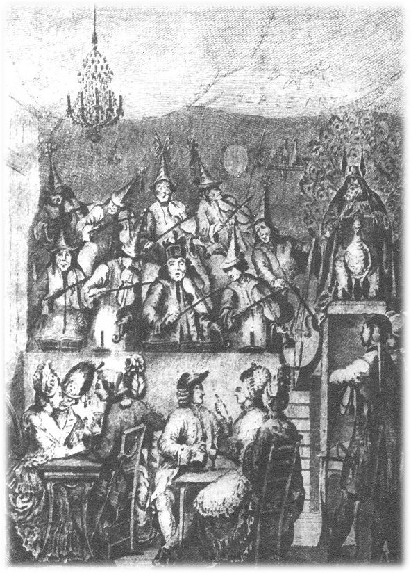 This image called "A Fair at St. Ovids" shows several ladies and gentlemen at the fair while a group of musicians wearing pointed hats play violins. 