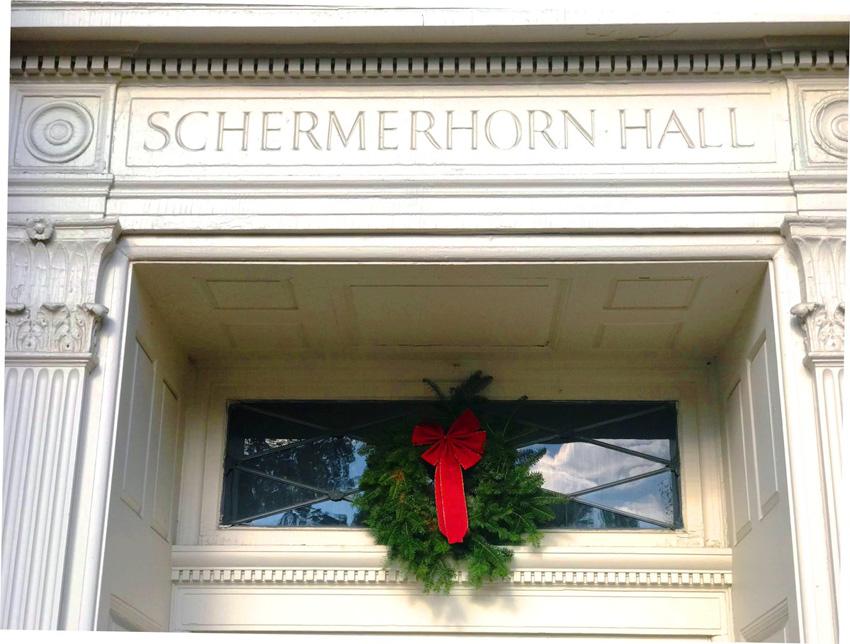 Front door to Schermerhorn decorated with holiday wreaths