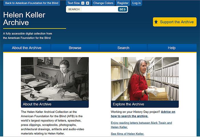 Screenshoot of the Helen Keller Archive Homepage