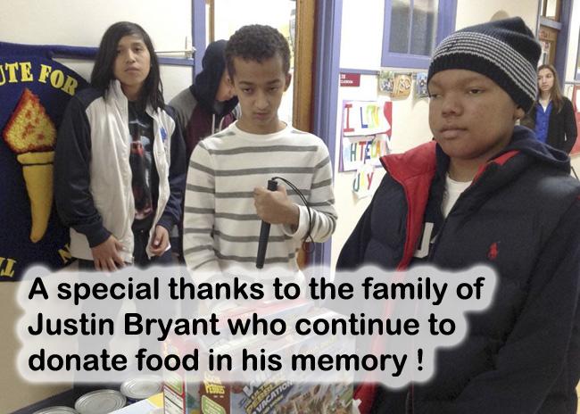 A special thanks to the family of Justin Bryant who continue to donate food in his memory !
