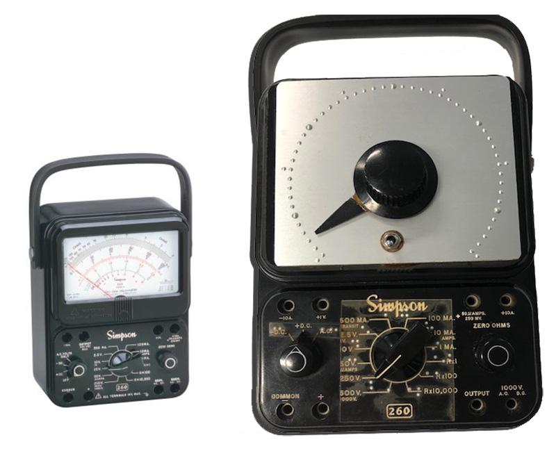 An adapted Simpson 260-8 12388 Black Analog Multimeter next to a photo of the original 