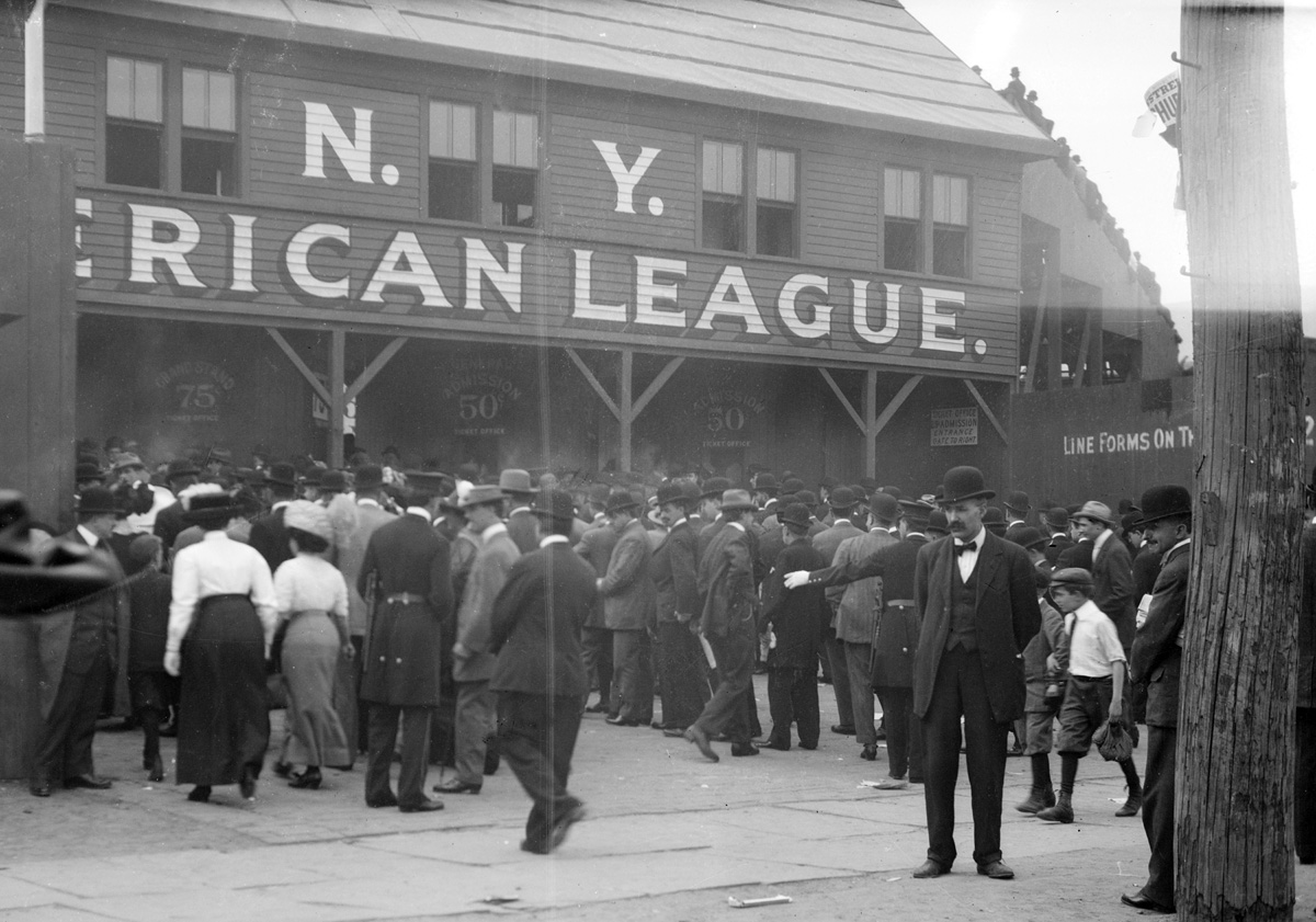 Mar. 12, 1903: The New York franchise is approved as a member of the American League. The team will play in a hastily constructed, all-wood park at 168th Street and Broadway. Because the site is one of the highest spots in Manhattan, the club will be known as the "Highlanders" and their home field "Hilltop Park."