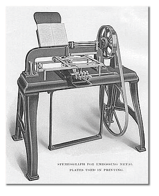stereograph gif: This machine was designed by Mr. Wait and it produced the metal plates used to make books. 